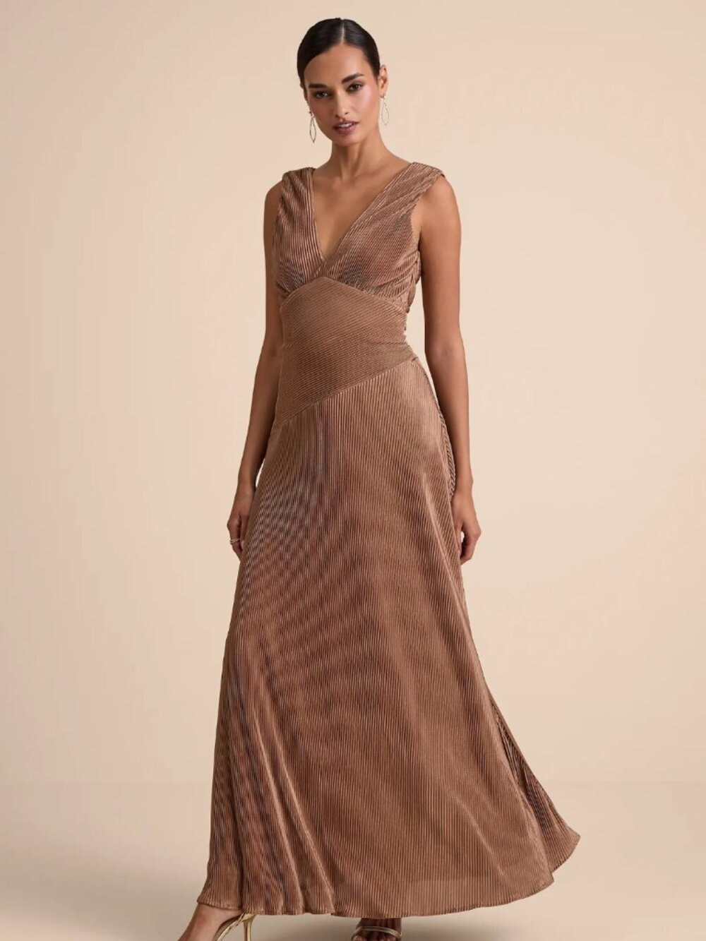 LuLu's Renee Light Brown Satin Plisse V-Neck Maxi Dress